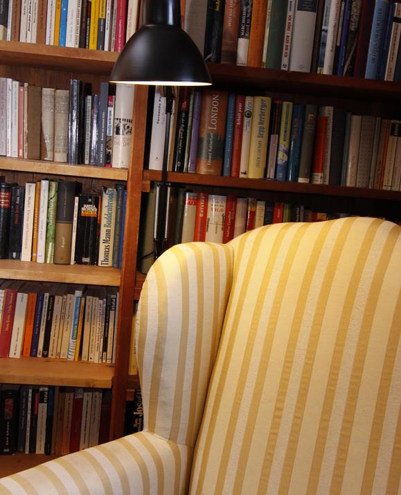 Ein Regal und ein Sessel in unserer Bibliothek