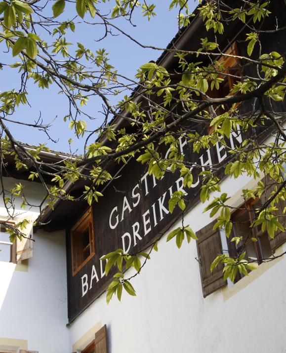 Fassade des Gasthofs Bad Dreikirchen mit Schriftzug an der Holzverkleidung, umgeben von frischem Frühlingslaub eines Kastanienbaums vor blauem Himmel.