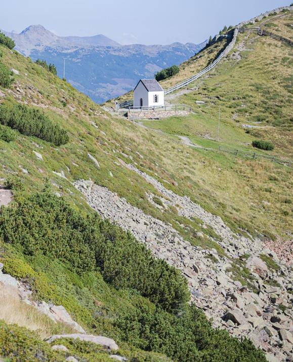 Eine Familie wandert bei Sonnenschein entlang eines klaren Bergsees - dem Totensee - mit grüner Wasseroberfläche, umgeben von Felsen, Gras und sanften Hügeln in alpiner Landschaft.