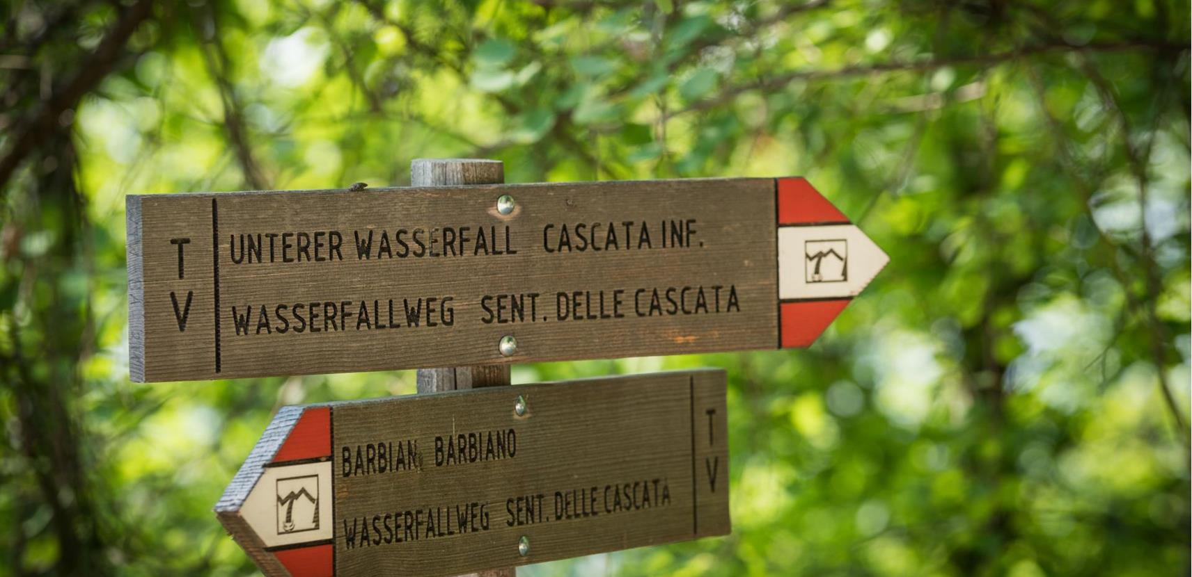 Hiking signpost in the forest with bilingual German and Italian directions: “Unterer Wasserfall / Cascata Inf.” and “Barbian / Barbiano”, part of the Waterfall Trail.