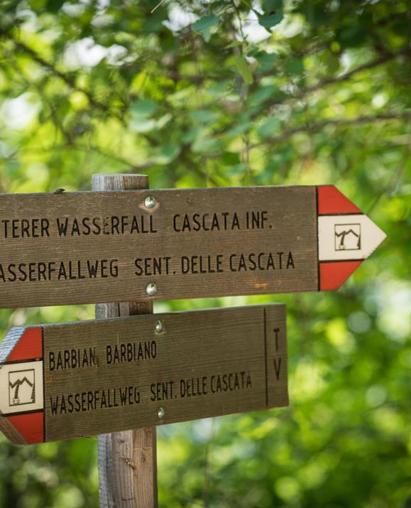 Wanderwegweiser im Wald mit zweisprachiger Beschriftung auf Deutsch und Italienisch: „Unterer Wasserfall / Cascata Inf.“ und „Barbian / Barbiano“, Teil des Wasserfallweges.